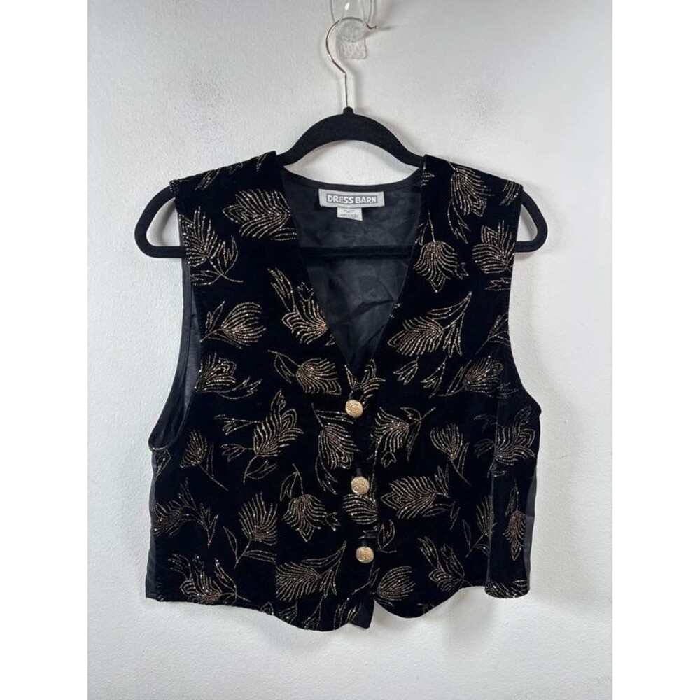 Vintage Dress Barn Black Velvet Gold Floral Button Front Vest Women's M Elegant